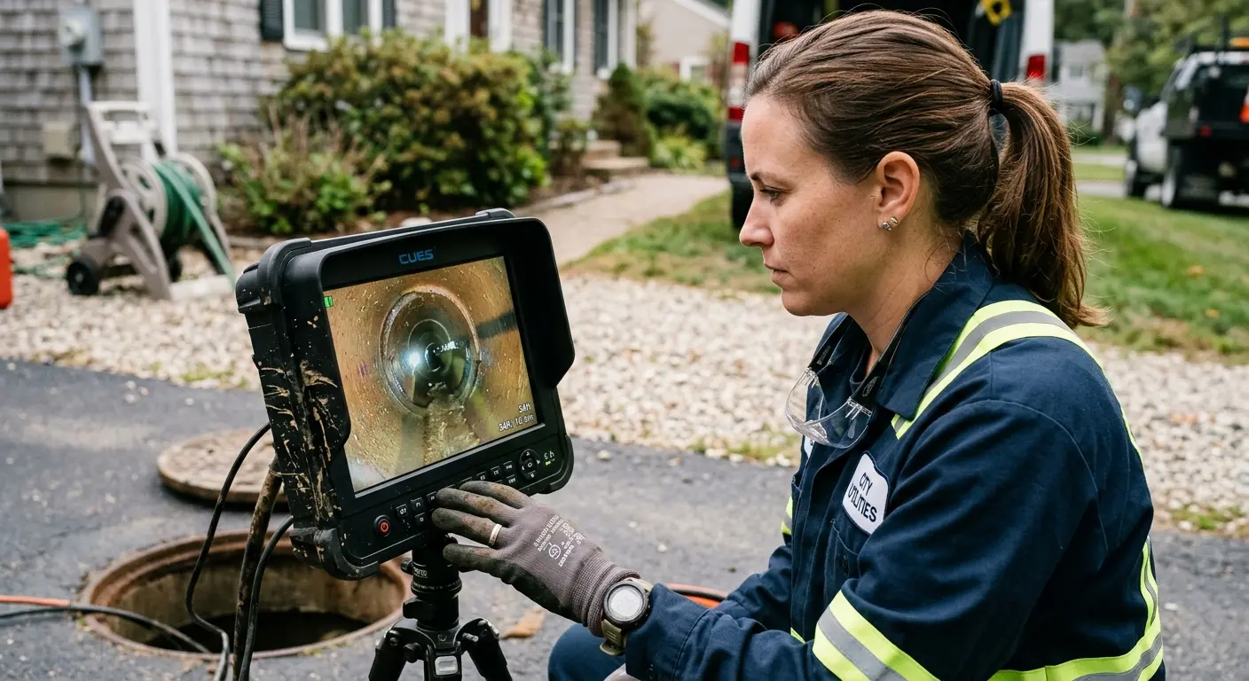 Technician reviewing sewer camera inspection footage in Salinas