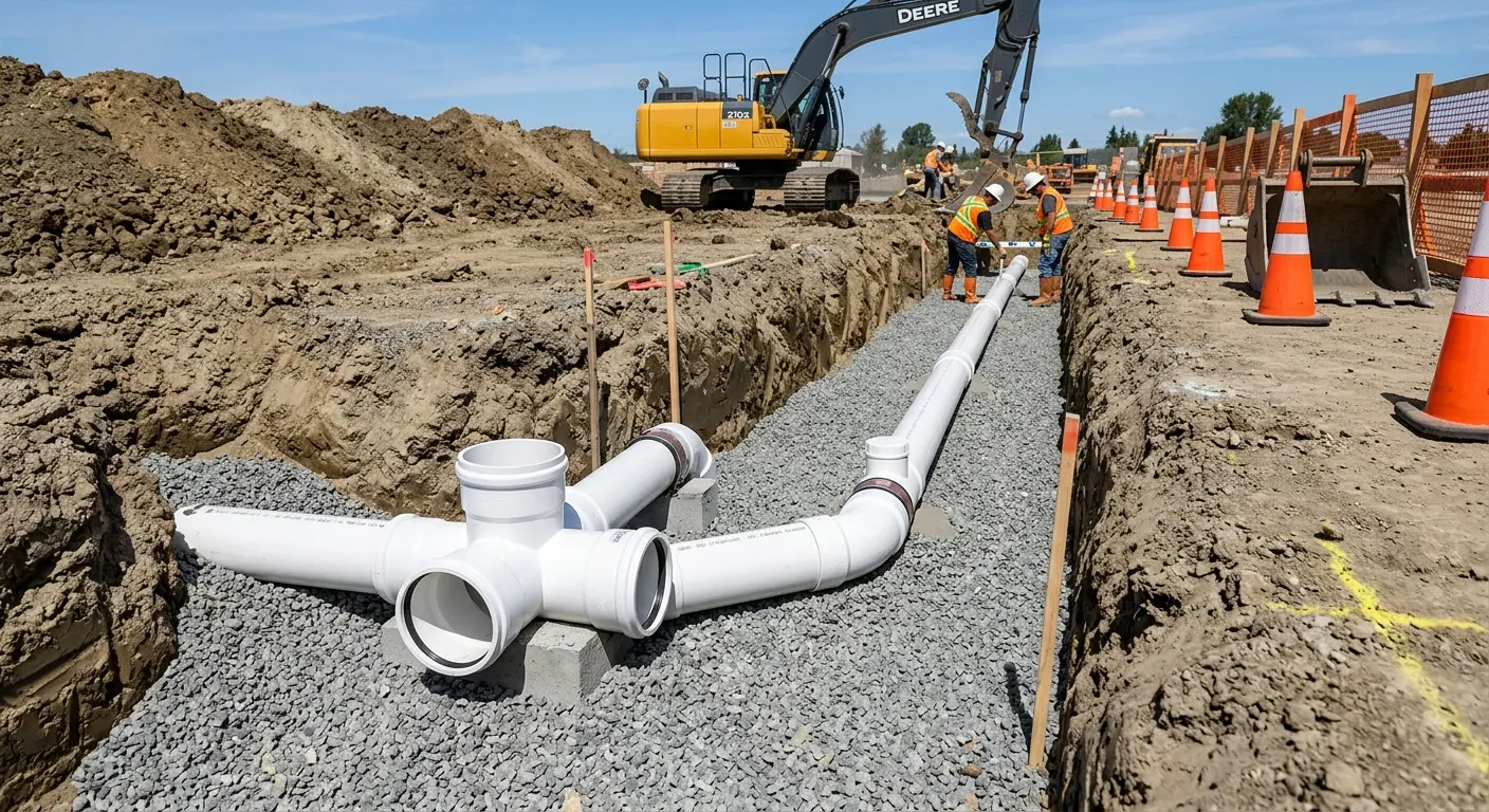 New PVC sewer pipe installation in open trench for Sewer Backup in Salinas