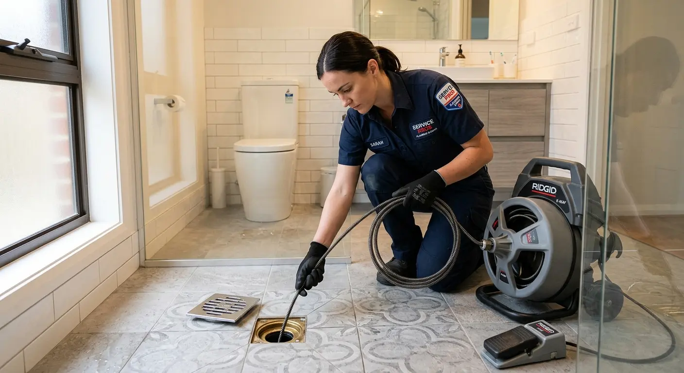 Technician clearing a bathroom floor drain for Drain Cleaning in Salinas